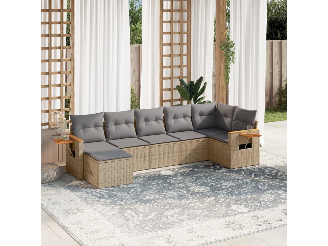Conjunto de 7 Sofás para Jardim com Almofadas Vime Pe Bege Dkd Home Decor