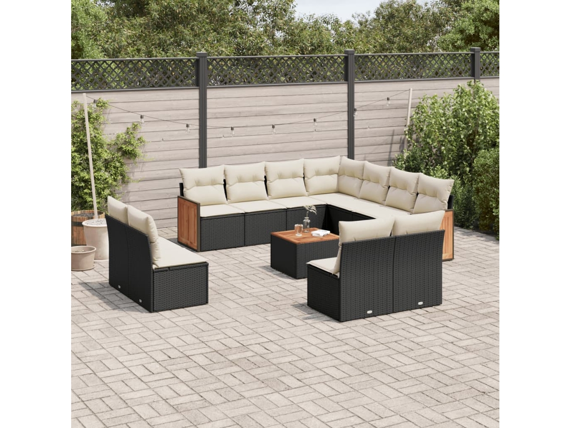 12 Pcs Conjunto De Sofá Jardim C/ Almofadões Vime Pe Preto Dkd Home Decor