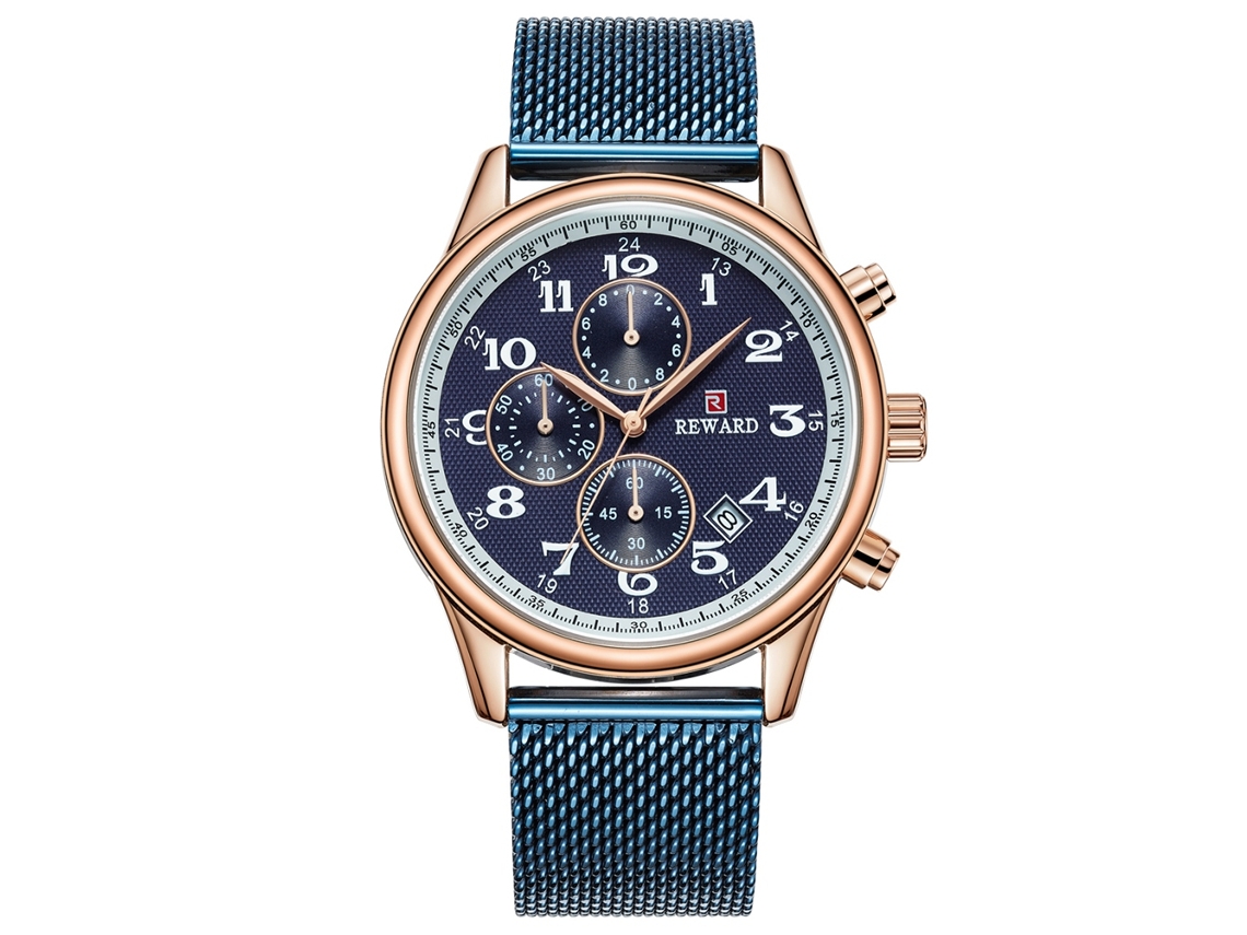 Relógio masculino de quartzo com mostrador em malha de aço, estilo casual-profissional, calendário (ouro rosa + azul)