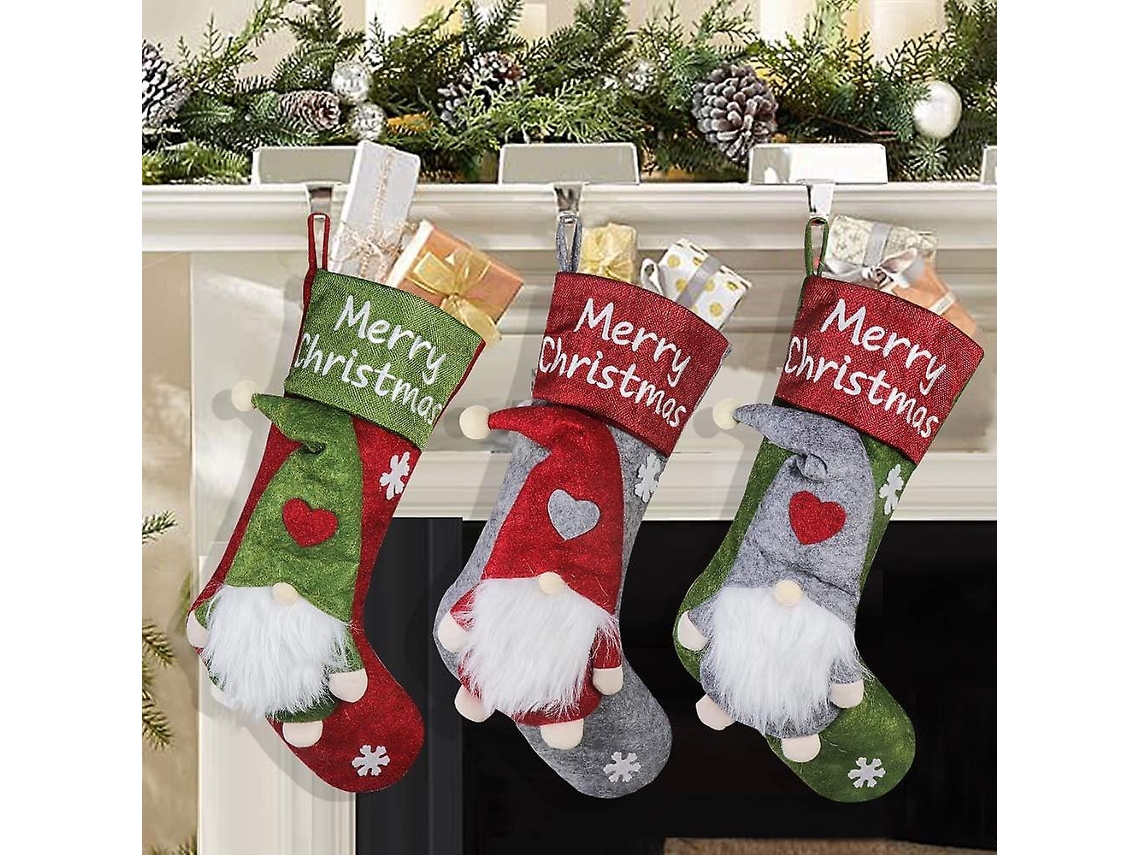 Meias De Natal Heytea De 18 Polegadas Com Gnomos De Pelúcia Feitos À Mão Para Decoração De Casa, Pacote Com 3, Vermelho, Verde E Cinza Olysi Shop