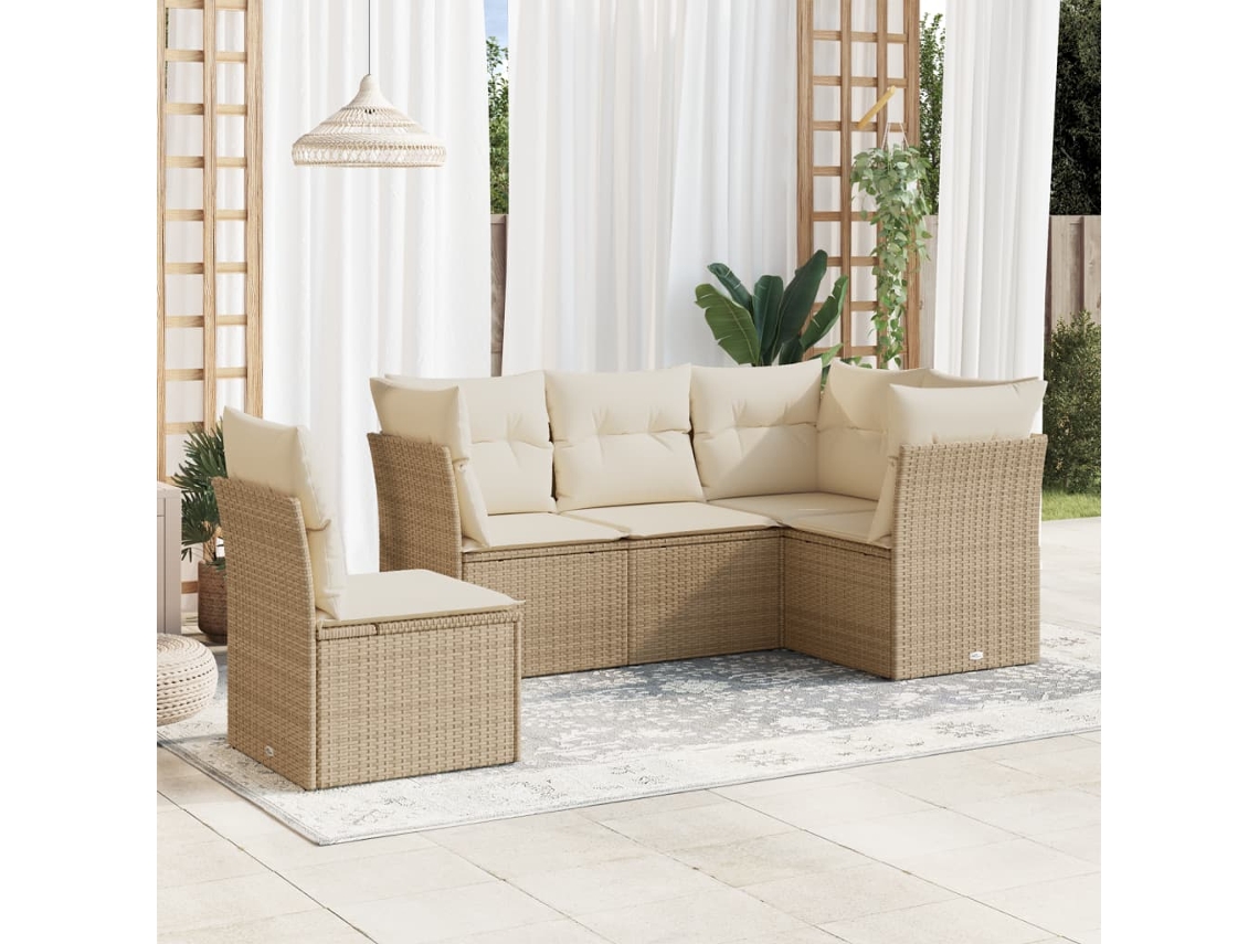 Vidaxl 5 Pcs Conjunto De Sofás P/ Jardim Com Almofadões Vime Pe Bege