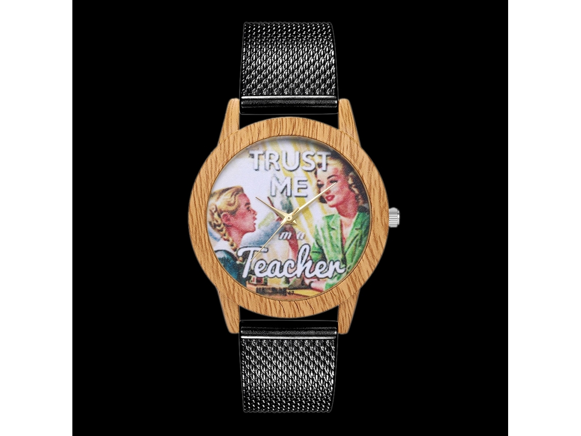 Reloj De Pulsera Unisex Con Correa De Malla Dial Redondo Patrón De Figuras Cuarzo Negro