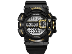 Relógio esportivo masculino Smael com pulseira de plástico à prova d'água para atividades ao ar livre, preto e dourado.