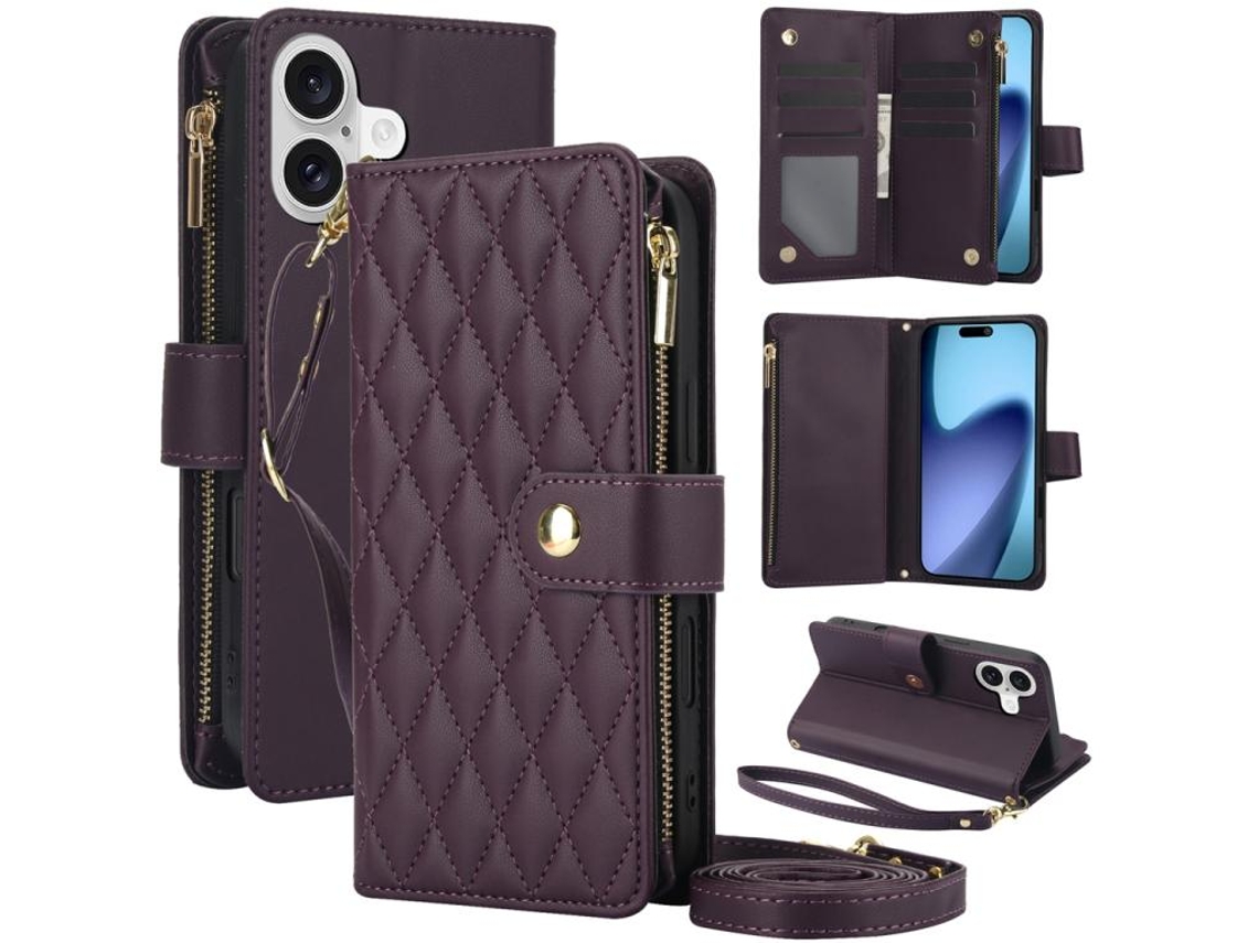 Capa Para Iphone 17 Em Couro Com Zíper Em Formato De Losango E Cordão.