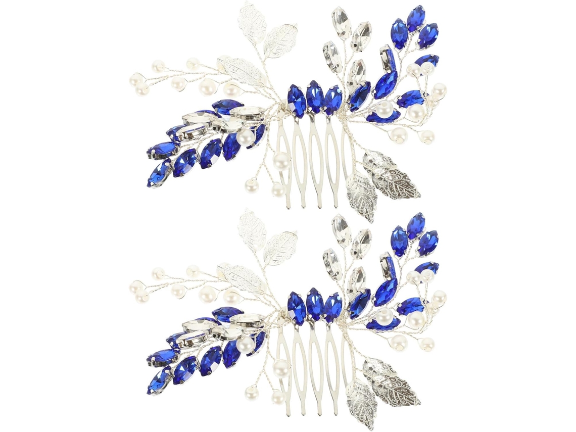 Conjunto De 2 Pentes De Cabelo Para Casamento Em Metal Azul Adornados Com Cristais.