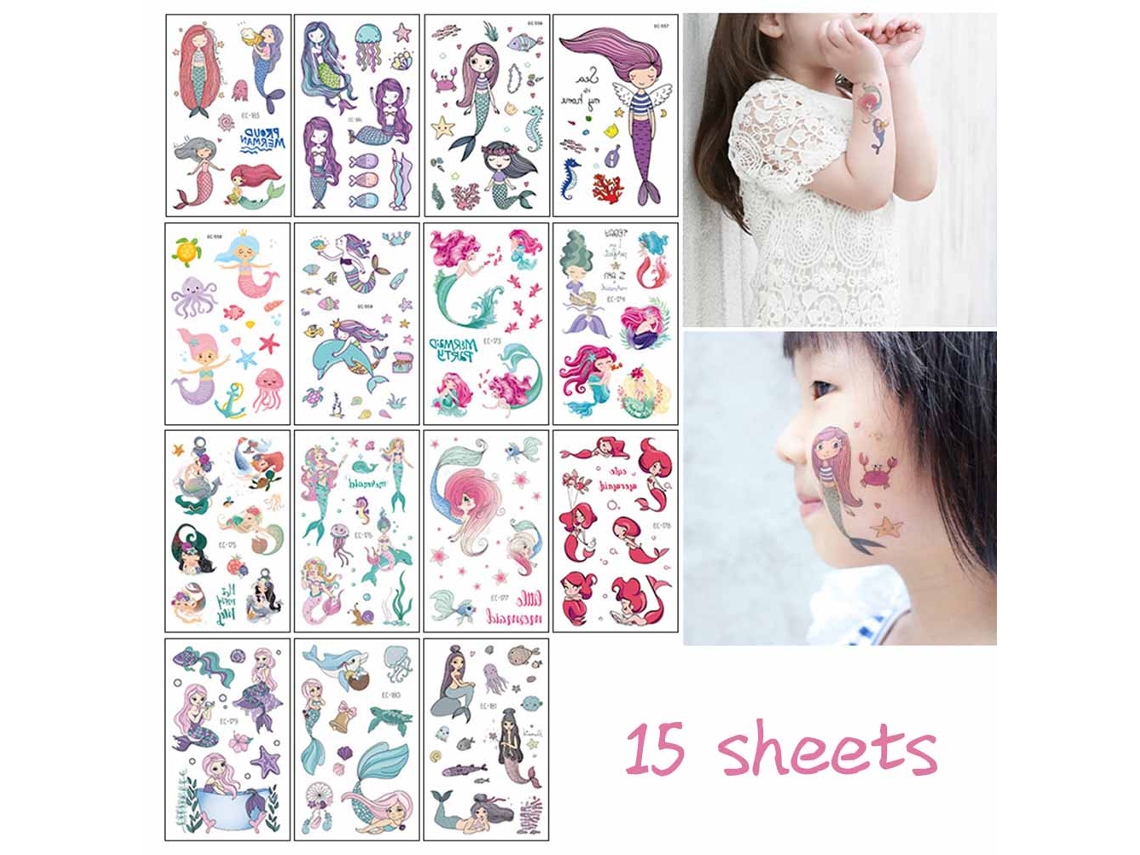 Mali 15pcs Adesivos de Tatuagem Temporária Infantil Sereia Animal Cartoon para Crianças