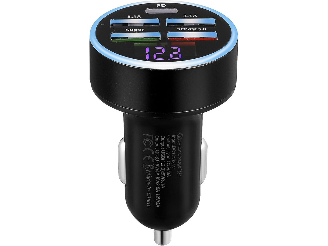 Carregador Digital Para Carro Com Visor Digital, 5 Portas Usb E Proteção Para Pc.