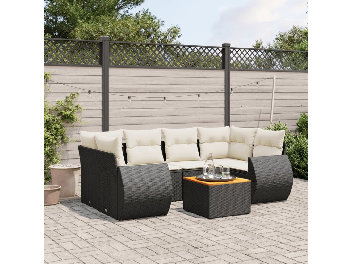 Jogo de Sofá 7 Peças P/ Jardim C/ Almofadões Vime Pe Preto Dkd Home Decor