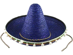 Palha Chapéu Artesanal Mexicana, Estilo Havaiano Com Pompons Brancos, Azul, Tamanho Único.