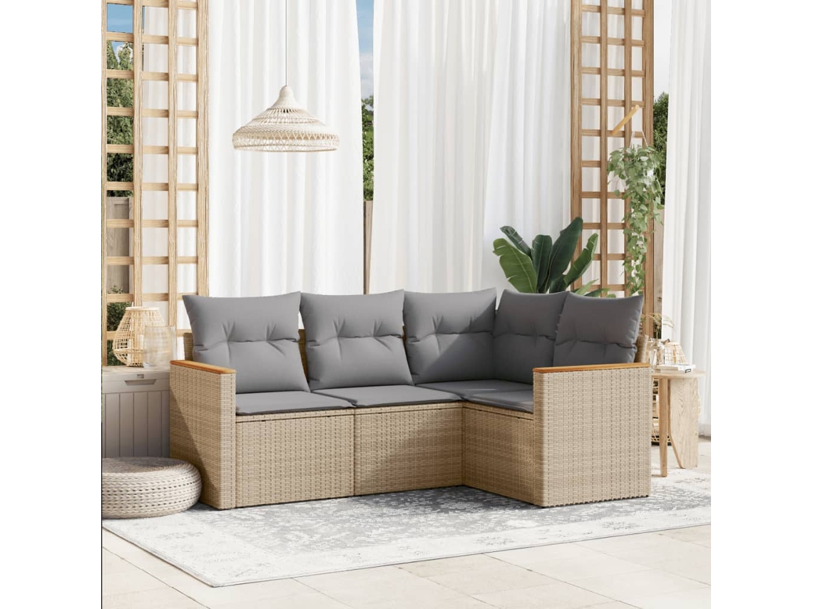 Conjunto de sofá de jardim de 4 peças com almofadas Vime Pe Bege Lovely Home