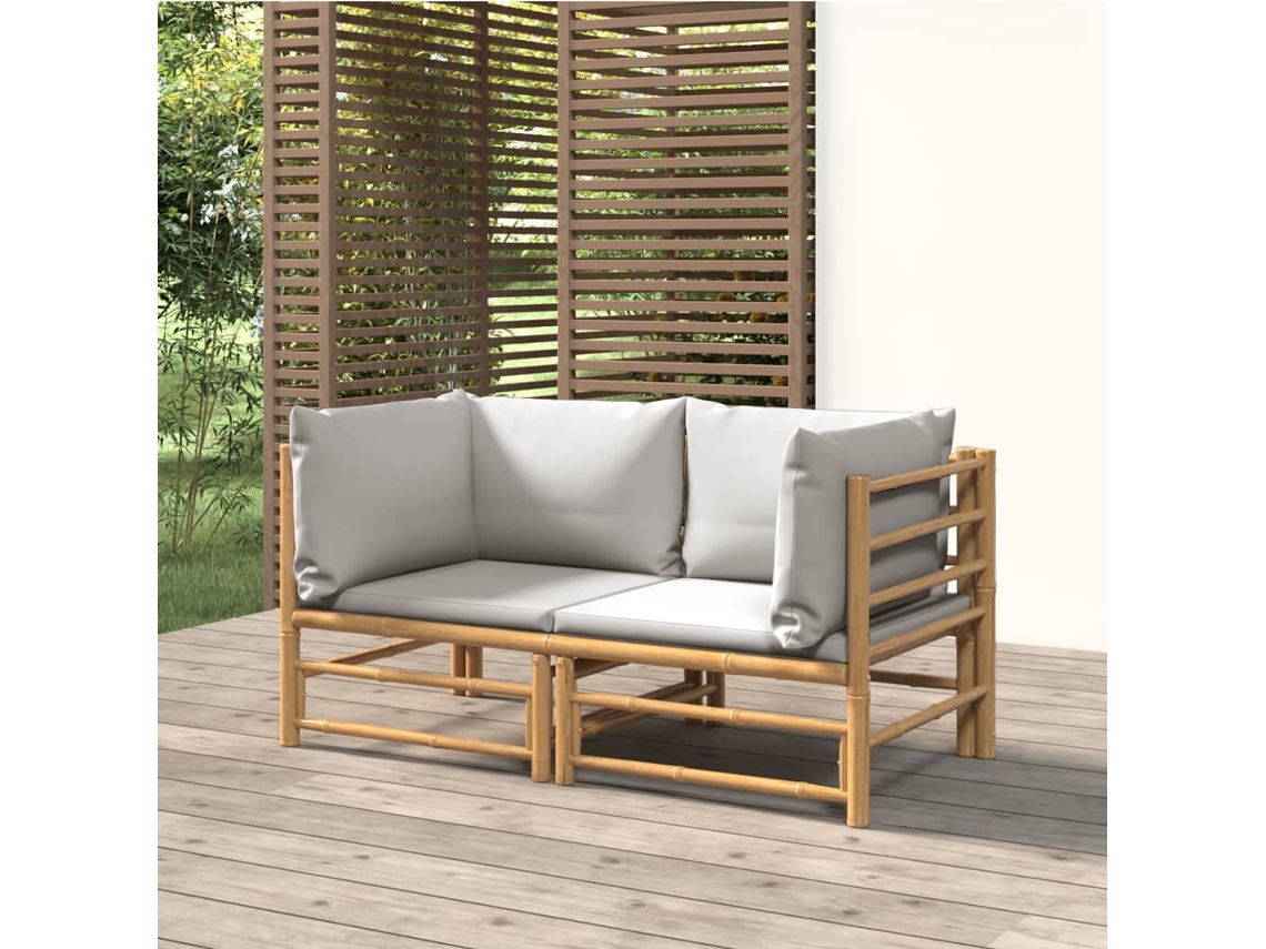 Vidaxl Sofás De Canto P/ Jardim Bambu C/ Almofadões 2 Pcs Cinza-claro