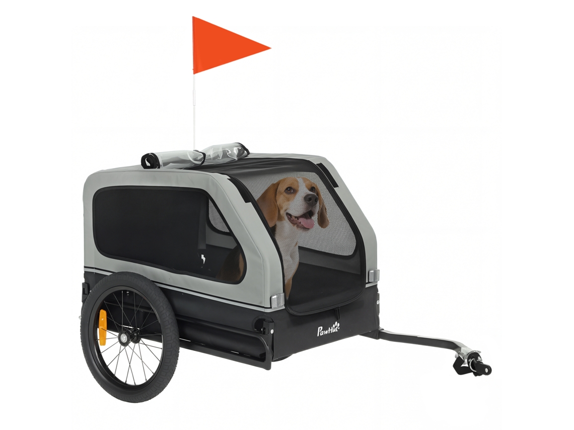Trailer Dobrável para Bicicleta para Cães Médios de Até 20kg com Refletores de Rampa Rebatíveis Guia Bandeira Cinza Ge