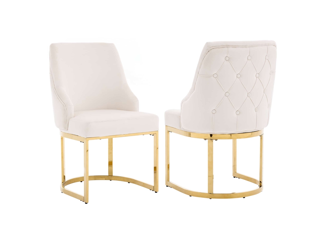 2 Cadeiras De Jantar - Estofadas A Veludo, Confortáveis E Respiráveis, Com Pés Metálicos Dourados - Bege E Dourado