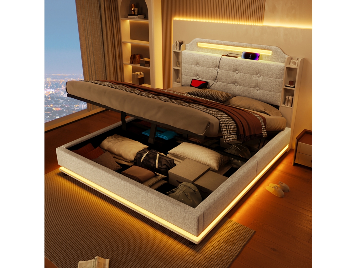Cama Casal Bege 140x200cm Estofada, Led, Hidráulica, Usb-c, Linho.-op