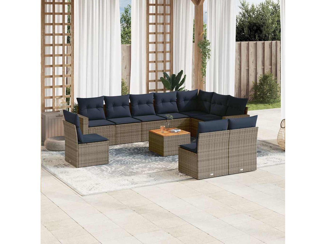 Vidaxl 11 Pcs Conjunto Sofás De Jardim C/ Almofadões Vime Pe Cinzento
