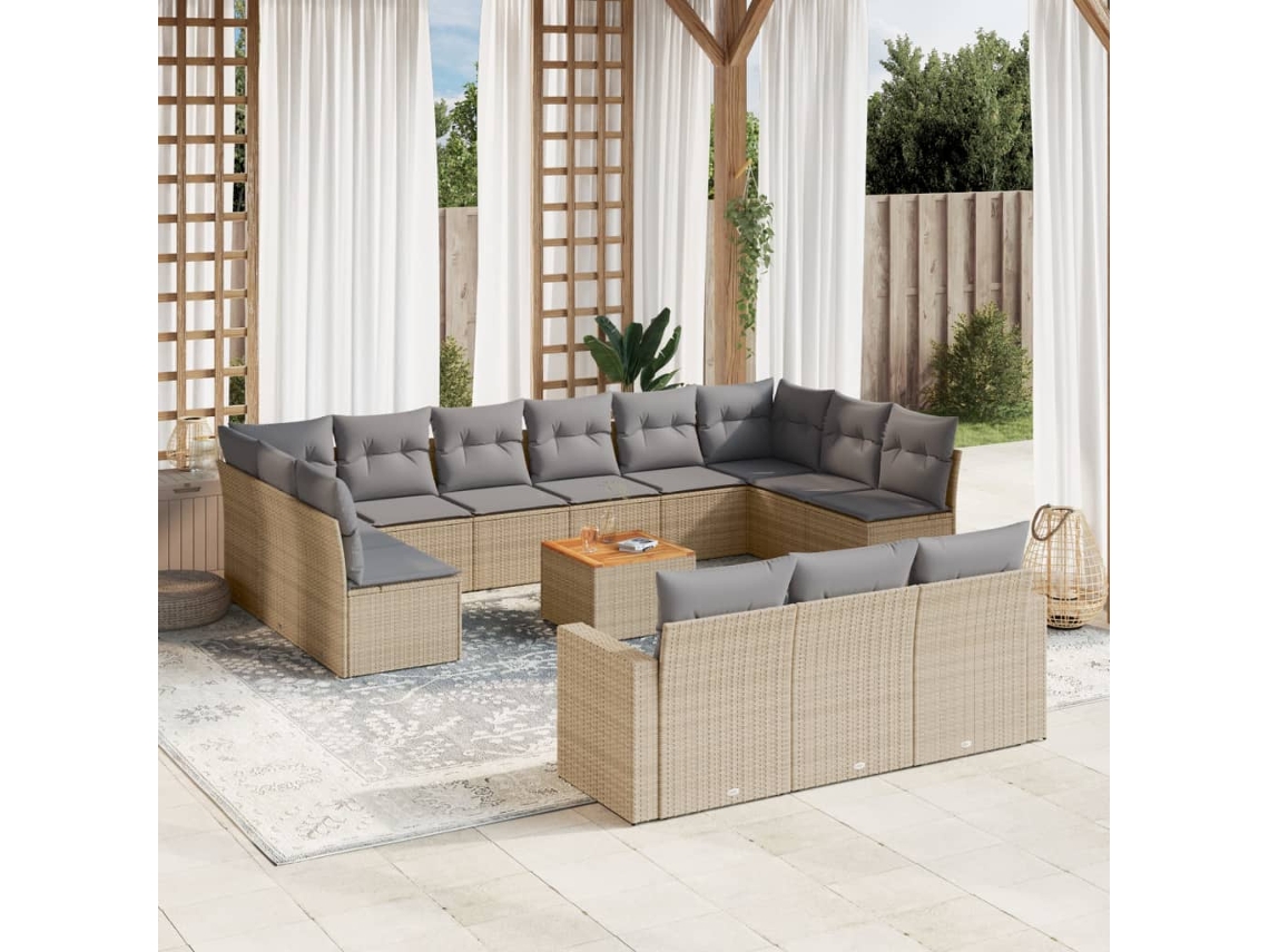 Vidaxl 14 Pcs Conj. Sofás Jardim C/ Almofadões Vime Pe Bege Misturado