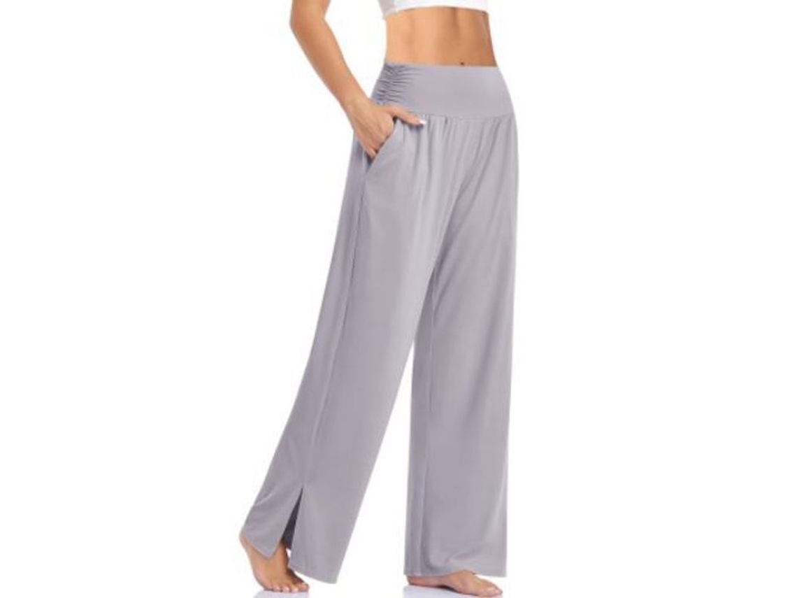 2026 pantalones de Yoga de Pierna Ancha para Mujer de Cintura Alta Con Bolsillos Y Cordón Ajustable L Gris Claro