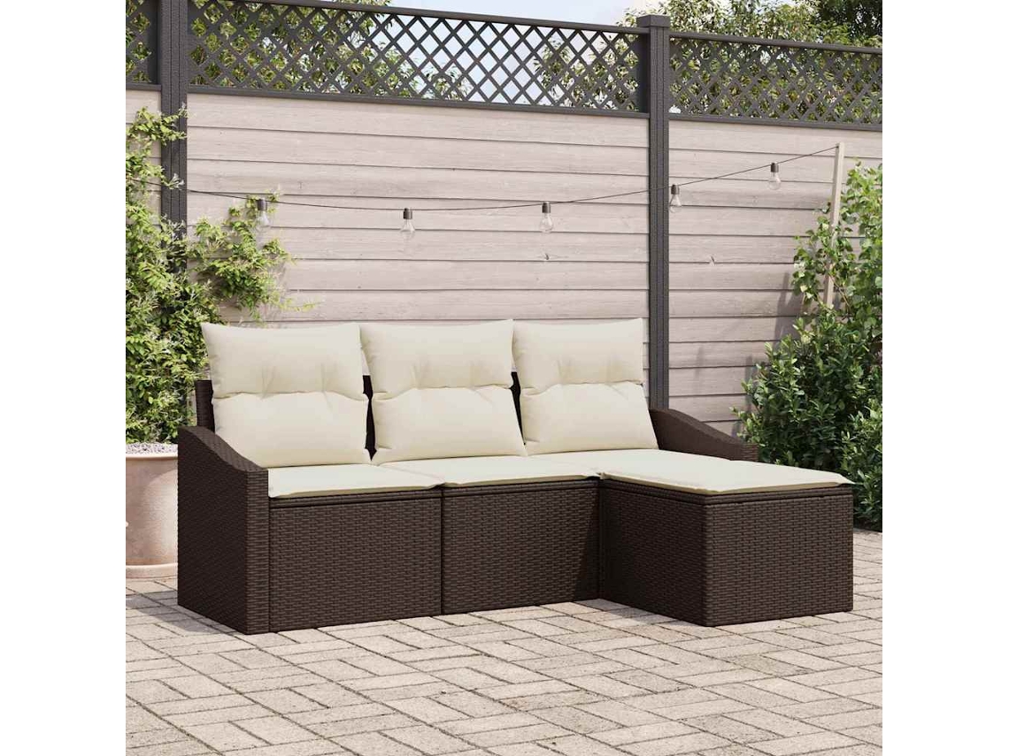 Vidaxl Conjunto De Sofás Com Almofada 4 Pcs Marrom E Creme Vime Pe