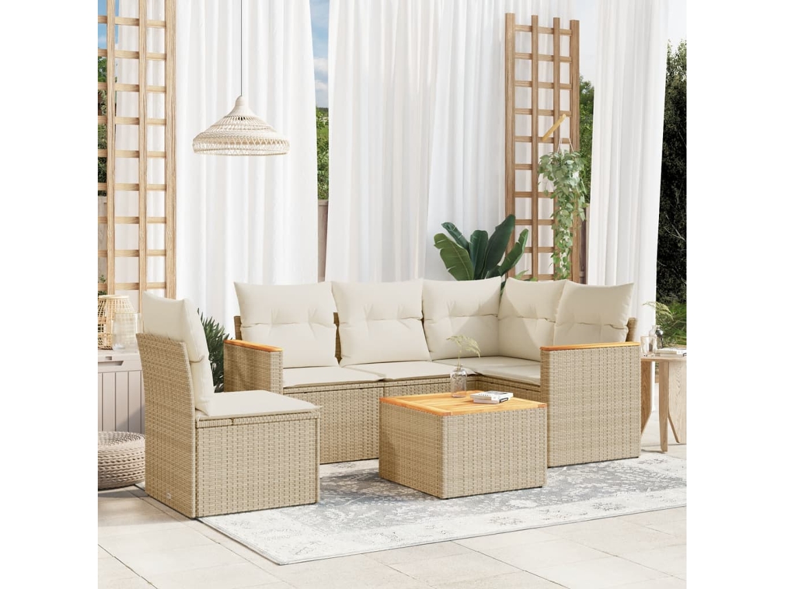 Vidaxl 6 Pcs Conjunto De Sofás P/ Jardim Com Almofadões Vime Pe Bege