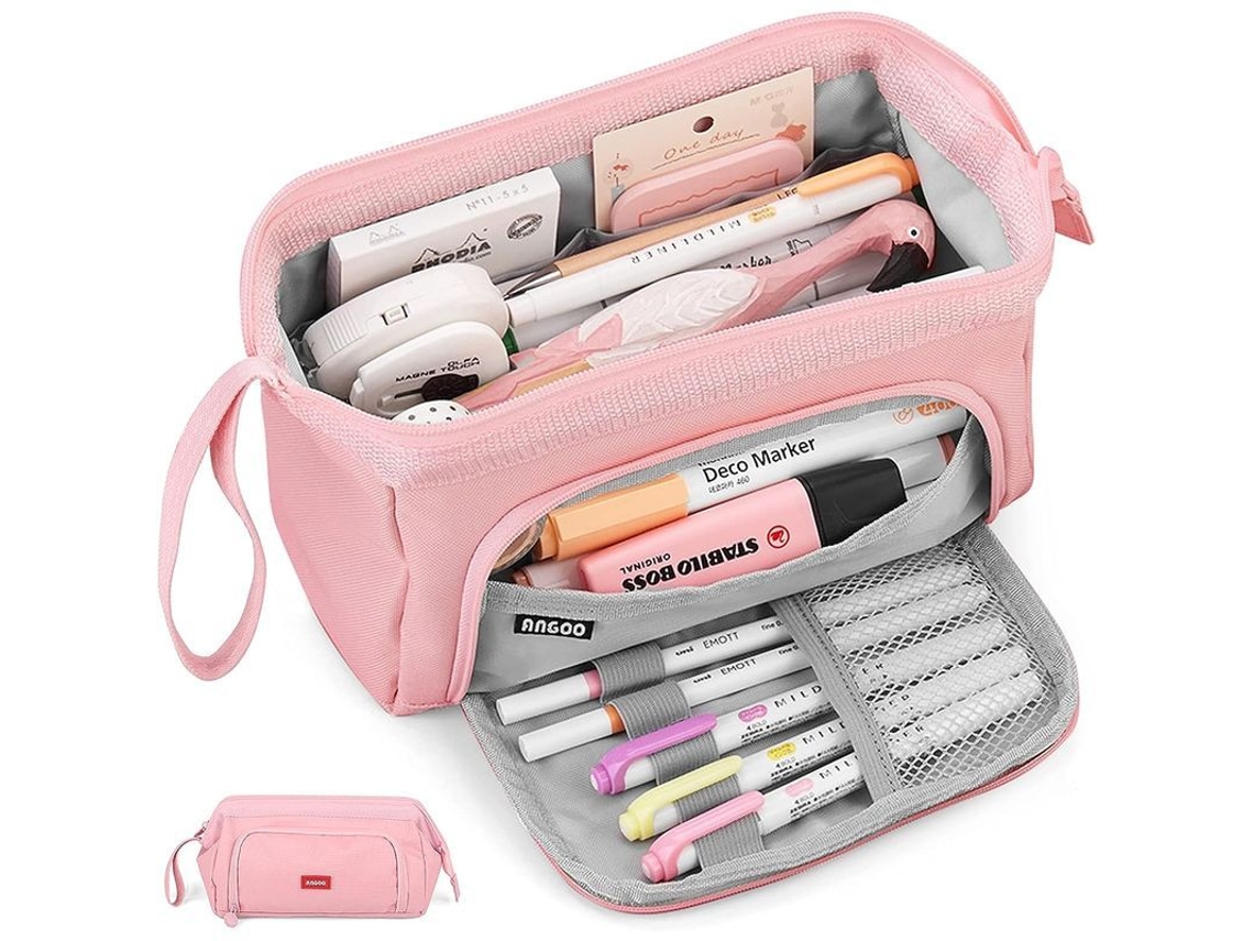 2026 estuche de Lápices Grande Linjou, Estuche de Plumas Con Cremallera, Diseño Único Rosa, Múltiples Compartimentos Y Asa Portátil
