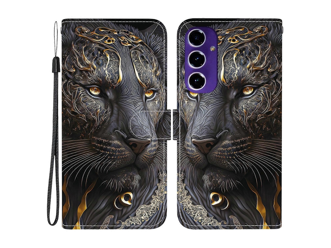 Capa De Couro Tkdaddy Para Samsung Galaxy S24 Fe Com Suporte, Carteira, Estampa, Capa Para Celular Com Alça De Pulso, Leão Preto Dourado