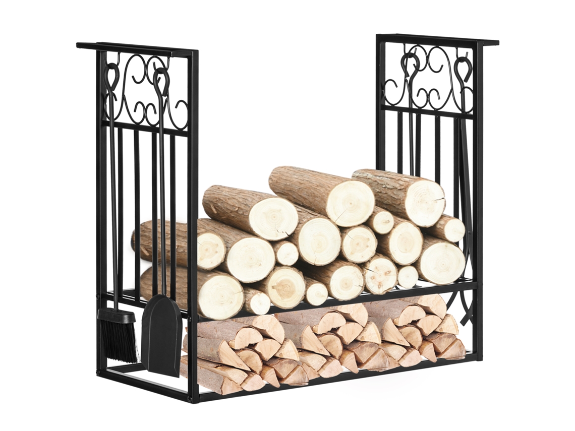 Suporte De Madeira Para Chimeneia Com Ferramentas Aço Preto 75x30x60cm