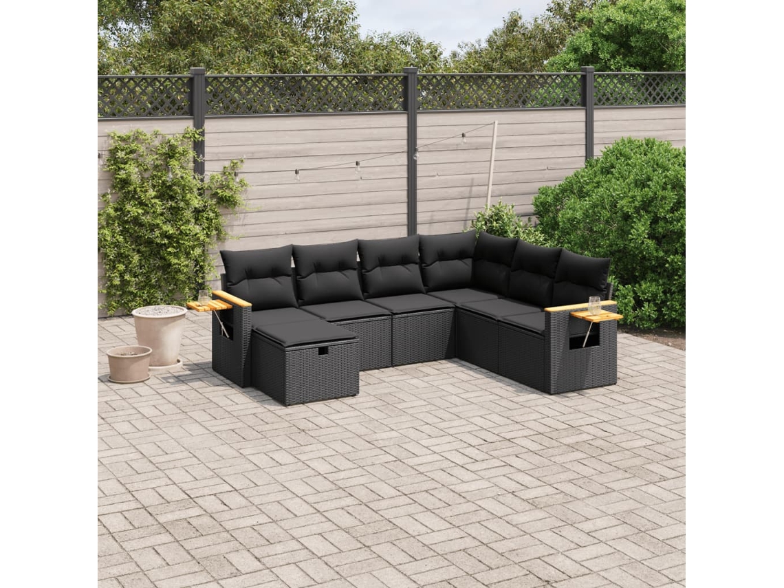Jogo de Sofá 7 Peças P/ Jardim C/ Almofadões Vime Pe Preto Dkd Home Decor