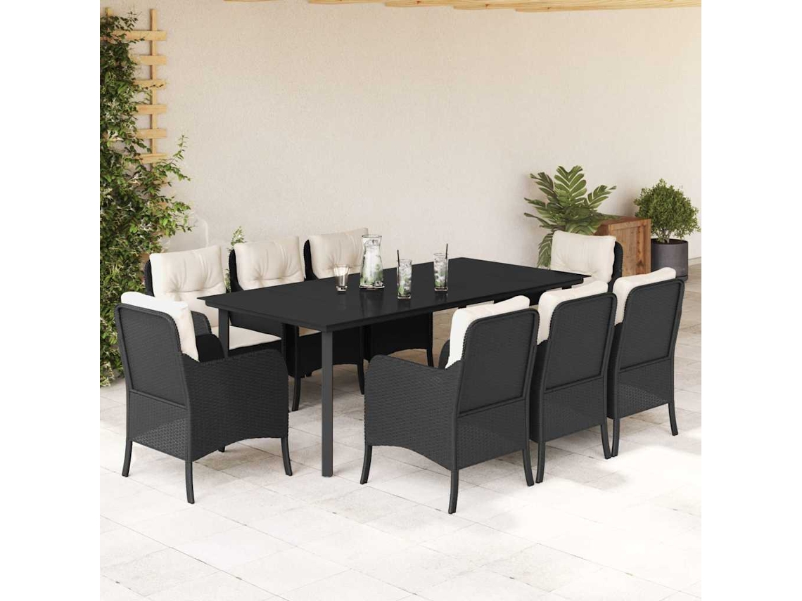 Vidaxl 9 Pcs Conjunto De Jantar P/ Jardim C/ Almofadões Vime Pe Preto