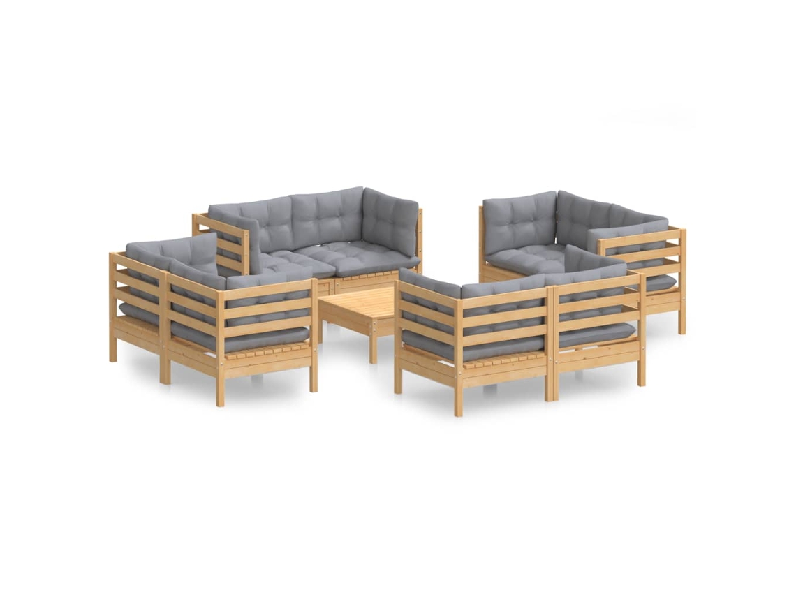 Conjunto de 9 Lounge de Jardim com Almofadões Cinzentos Pinho MAISON EXCLUSIVE