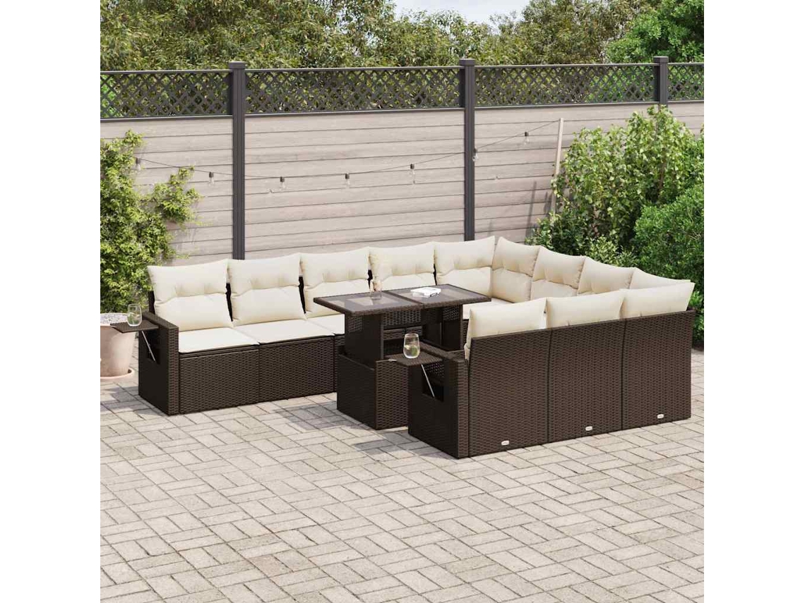 Vidaxl 11 Pcs Conjunto Sofás De Jardim C/ Almofadões Vime Pe Castanho