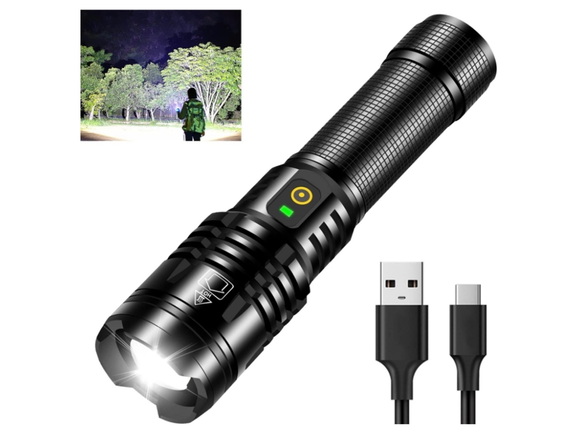 Lanternas Led Lanterna Tática Super Brilhante de 10000 Lumens Foco Ajustável 5 Modos Xhp70 com Bateria Recarregável 26650 Preta Bisbisous VIGA EUROPE