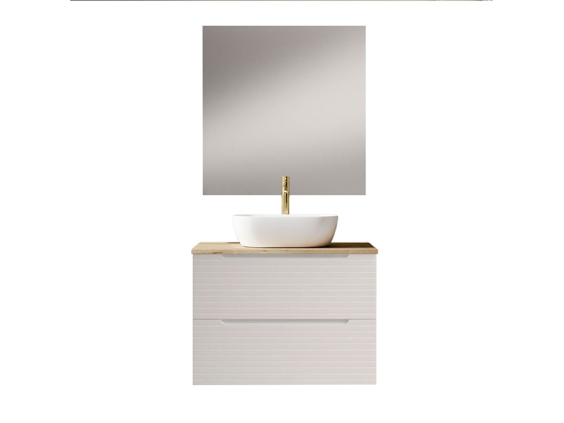 Móvel Banheiro Com Pia, Espelho E Aplique Led Boreal 60x45 Cm Acabamento Branco Fosco 2 Gavetas Suspensas Kibath