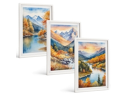 Conjunto De Pinturas Paisagem De Montanha Com Rio No Outono Espelharte (3 Peças 40x60 Cm)