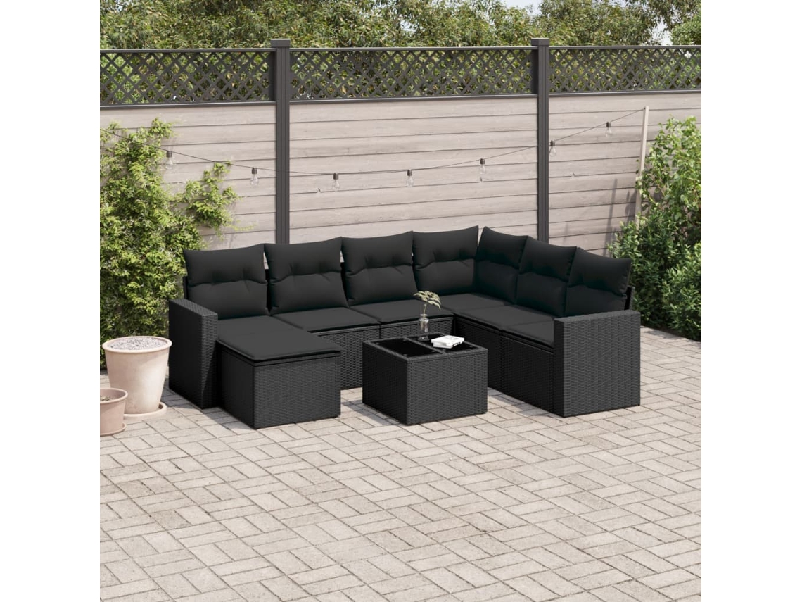Vidaxl 8 Pcs Conjunto Sofás De Jardim Com Almofadões Vime Pe Preto