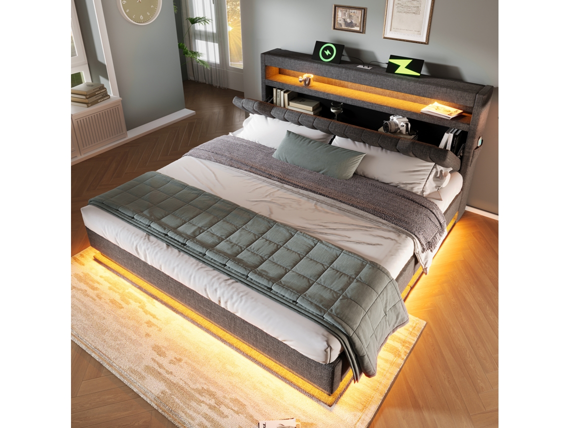 Cama Com Baú Acolchoada 160x200 Cm - Com Led - Com Portas Usb E Tipo C - Tecido De Linho - Cabeceira Com Espaço De Arrumação - Cinzenta
