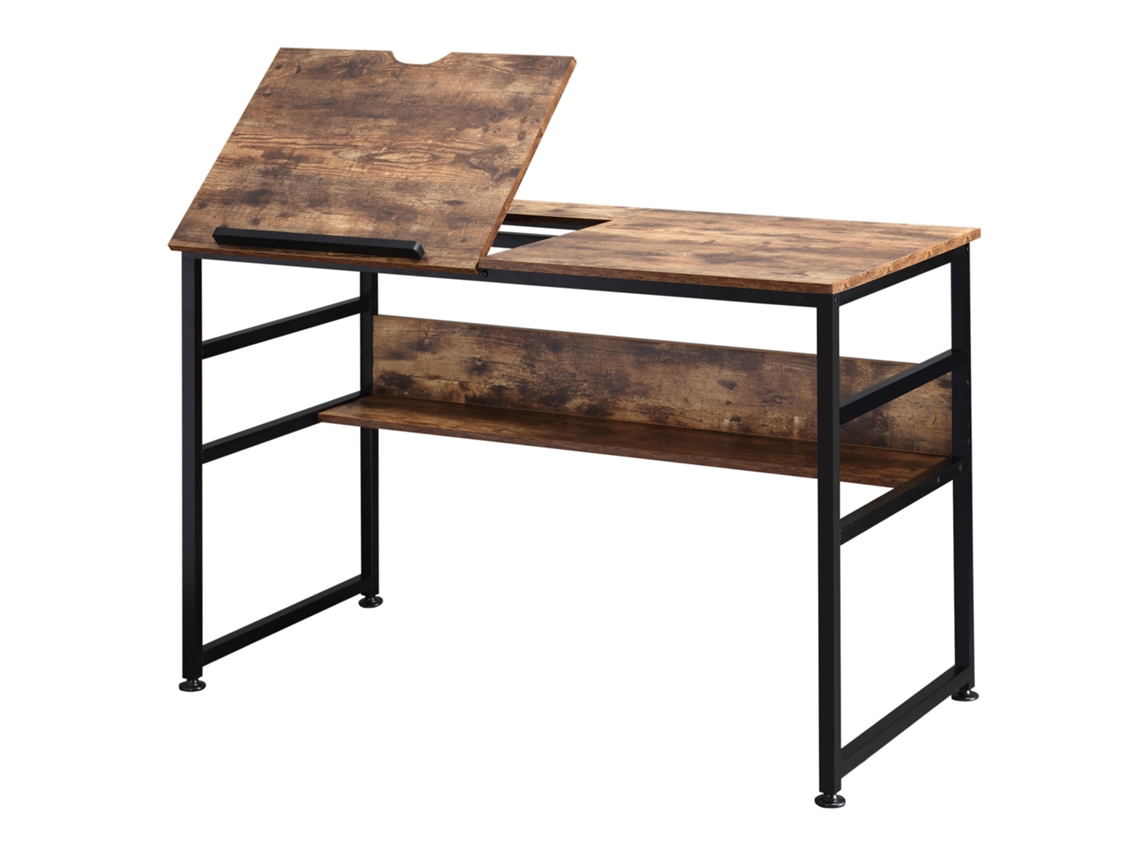 Mesa De Desenho E Computador Inclinável Estilo Industrial, Tampo Elevável Com Prateleira, Aglomerado Efeito Madeira Envelhecida E Metal Preto