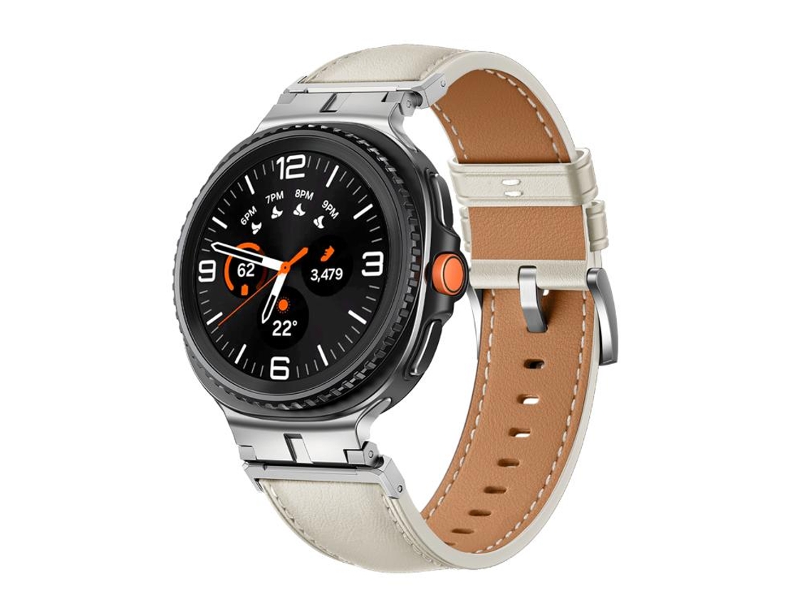 Bracelete Para Samsung Galaxy Watch 8 / 8 Classic - Couro Genuíno Com Conector De Cabeça De Metal Clássico - Bege E Prata