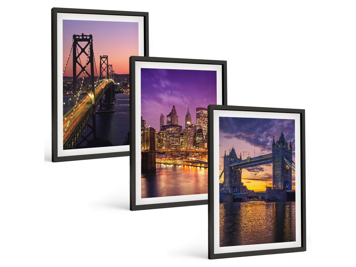 Composição De Quadros Pontes, Sol, Vistas Da Cidade Moldura Preta Imagens Para Um Quarto Infantil Espelharte (3 Piezas De 40x60 Cm)