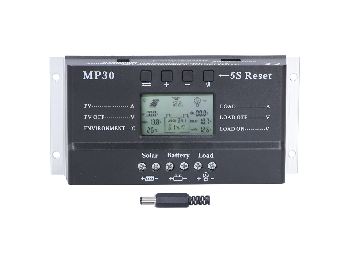 Controlador de carga solar Primerox 30a, 12/24v, LCD, MPPT, PWM, com USB, proteção de circuito