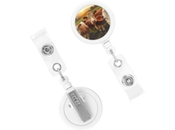 Porta-crachá retrátil resistente, com bobinas para identificação de animais bovinos, chaveiros e bobinas reforçados.