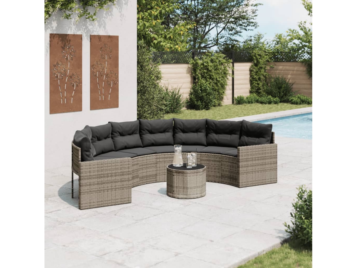 Vidaxl Sofá De Jardim Com Mesa E Almofadões Semicircular Vime Pe Cinza