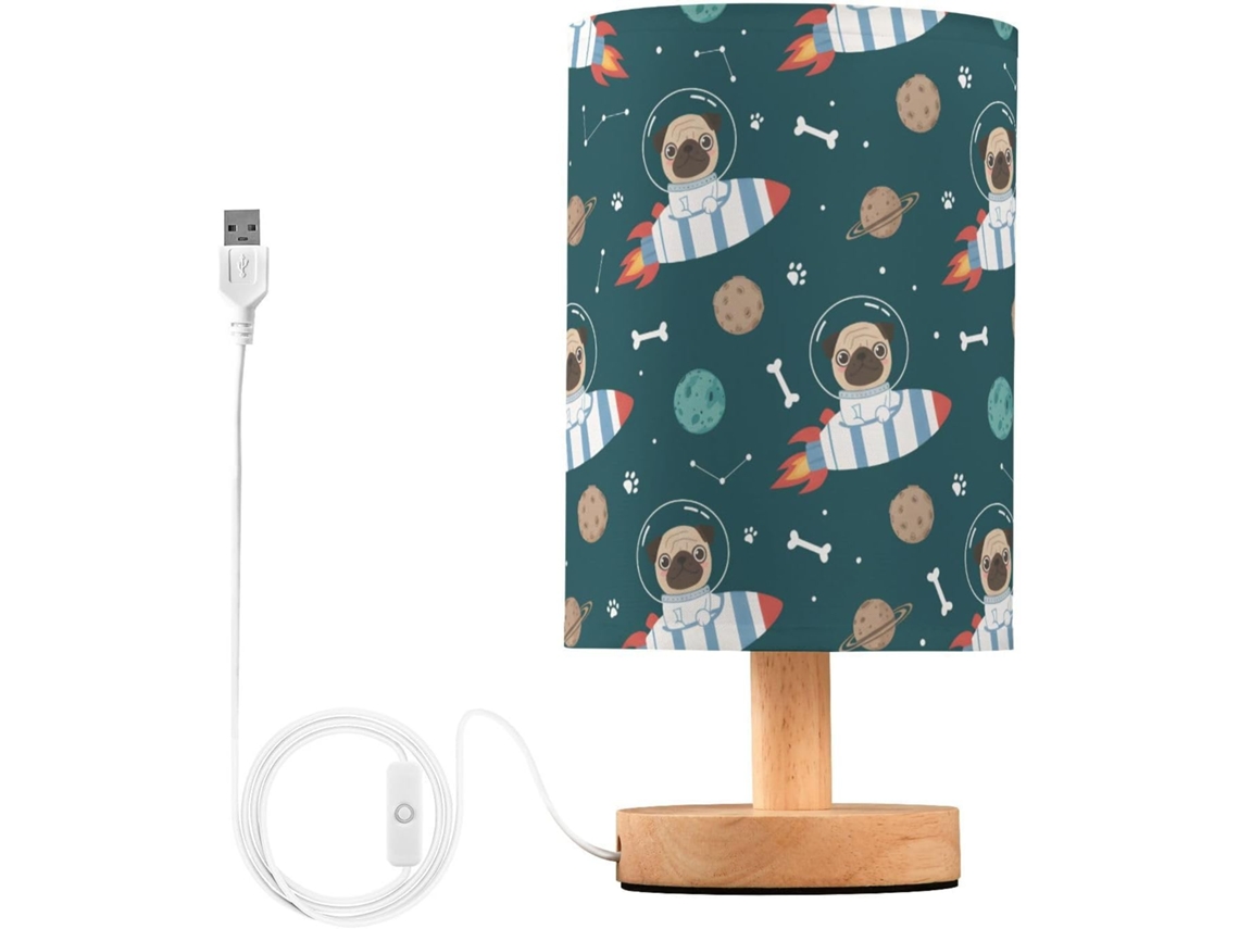 Abajur De Cabeceira Mnsruu Com Estampa Pug Led Cúpula Tecido Pequeno Para Quarto E Sala Estar Lâmpada Inclusa