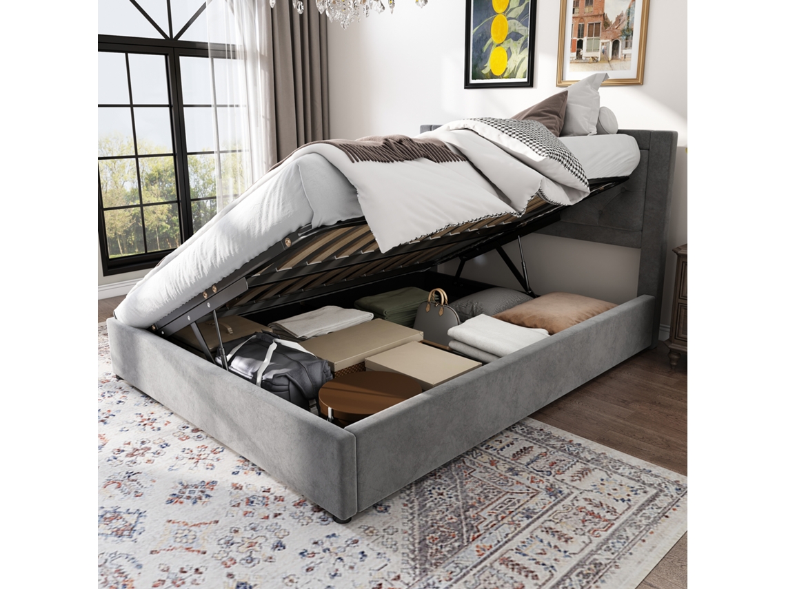 Cama Estofada 140x200 Cm Cinza Samt Com Gavetas Laterais Cabeceira Chesterfield