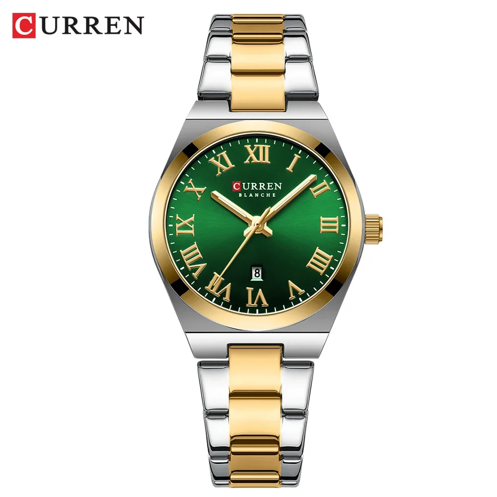 Relógio FEMININO MDUG com pulseira de aço inoxidável à prova d'água e mostrador de data (dourado e Preto)
