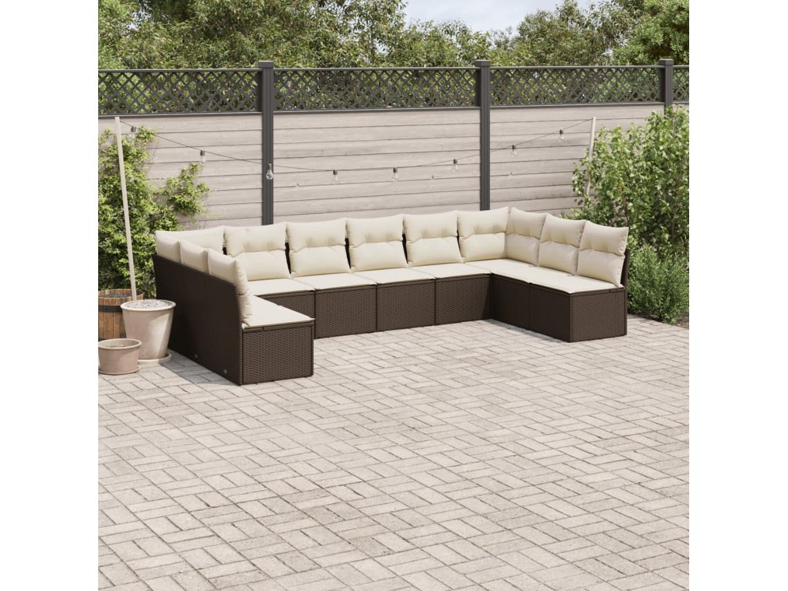 Vidaxl 10 Pcs Conj. Sofás Jardim Com Almofadões Vime Pe Castanho