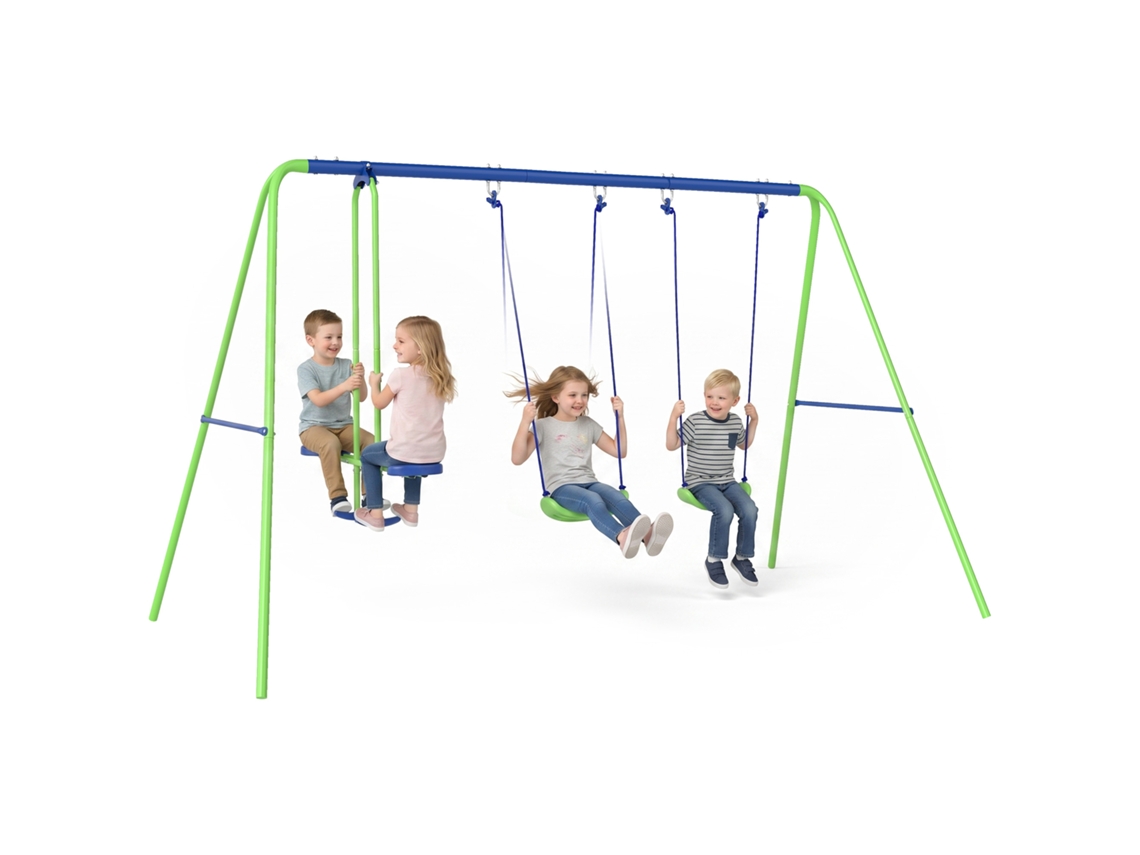 Conjunto De Balanço De Jardim Em Metal Com Altura Ajustável, 2 Balanços E Cadeira De Balanço, 280x140x178 Cm, Verde E Azul.