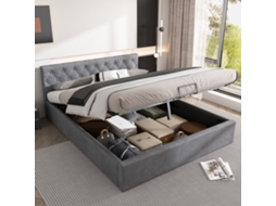 Cama Veludo 140x200 Capitonê Cinza Arrumação Hidráulica Ripas Casal