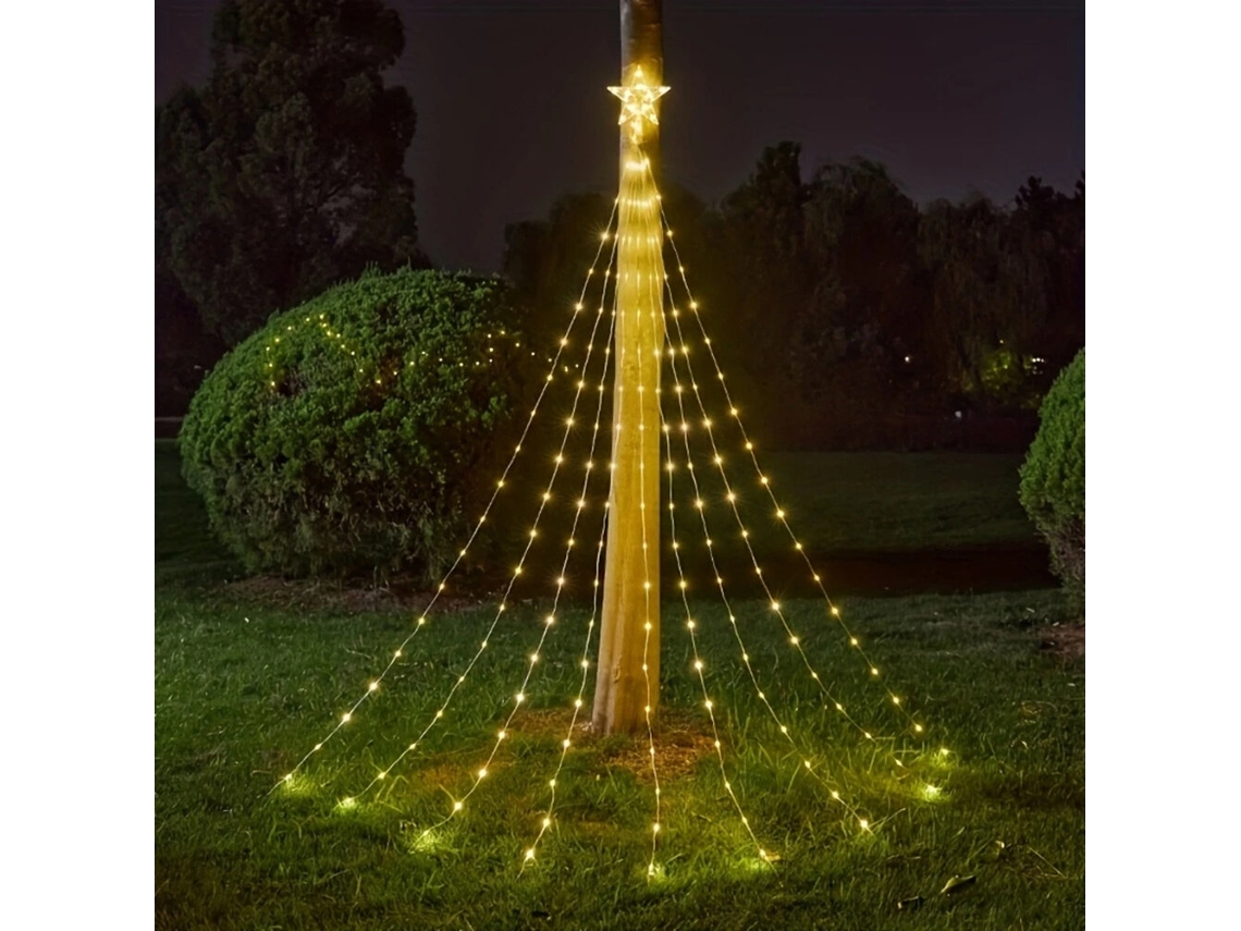 Luz Quente Nº 198 Luz Estrela Cinco Pontas Led Cascata Rastreadora Água Decorativa Natal Festas Jardim Cordão Estreladas 8 Modos Iluminação MDUG