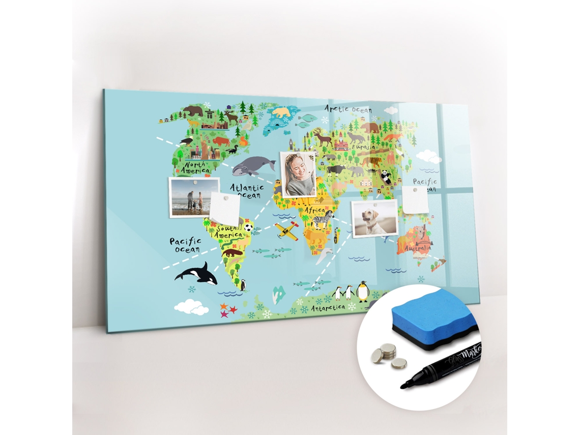 Quadro Magnético De Parede Mapa-múndi Com Animais Para O Escritório Espelharte (120x60 Cm)
