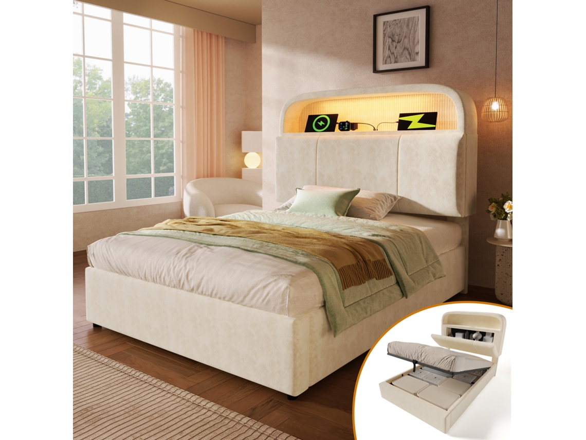 Cama Solteiro 90x200cm Com Armário Ajustável Led Usb Type-c Veludo Bege